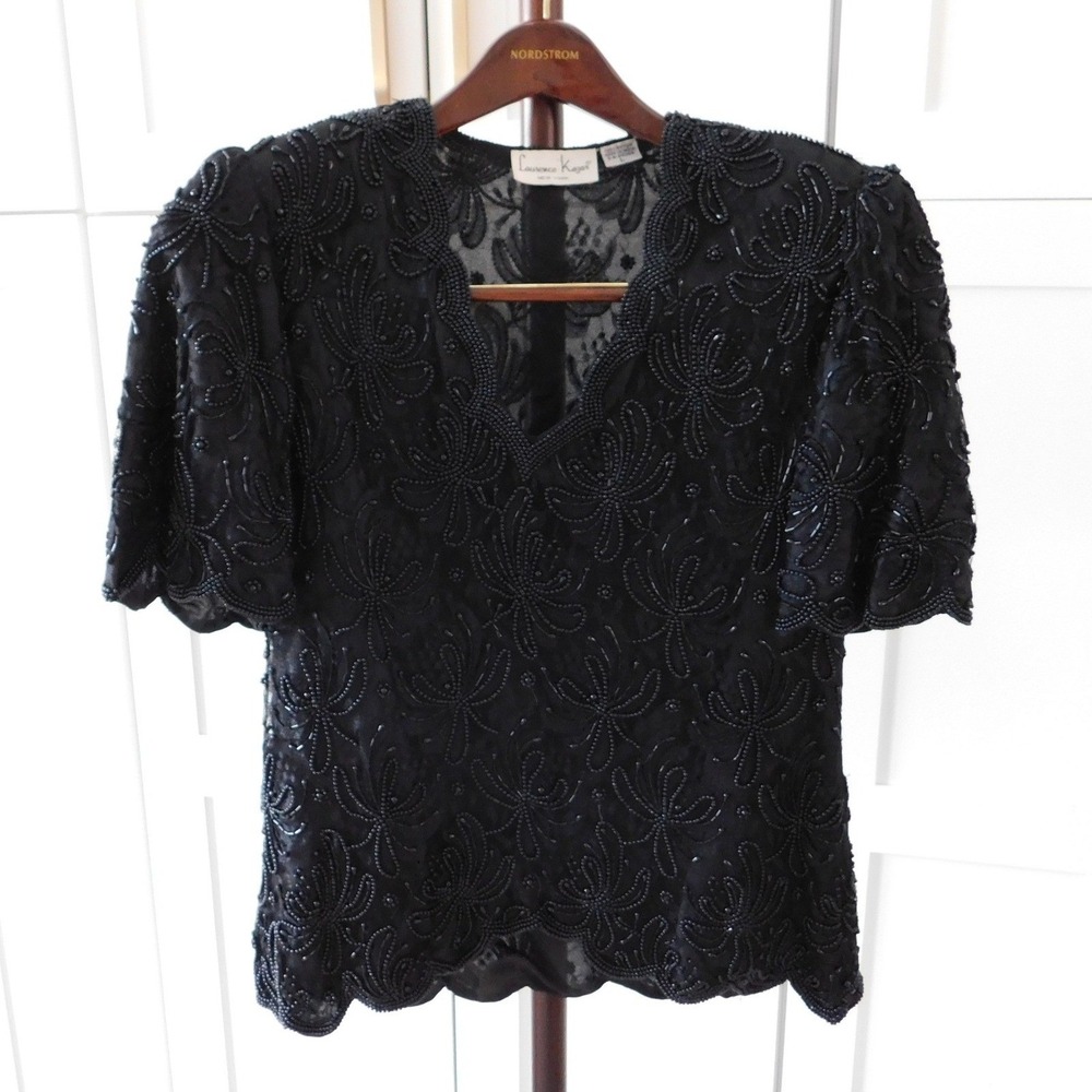 Laurence Kazar‎ Blouse Women L Black Beaded Vintage 80s Evening Top